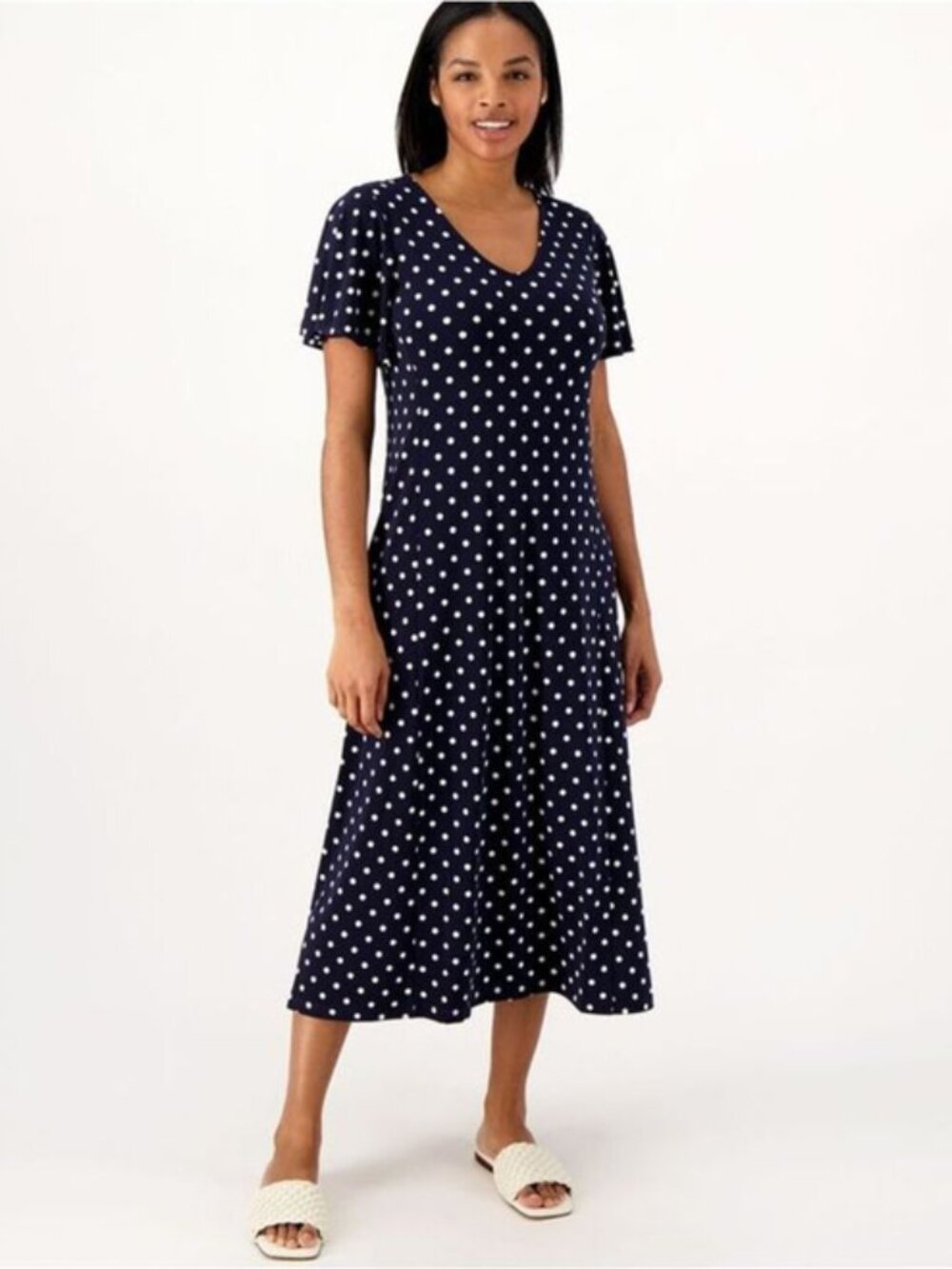 Susan Graver Printed Liquid Knit Flutter Sleeve Midi Dress Navy Petite XS
